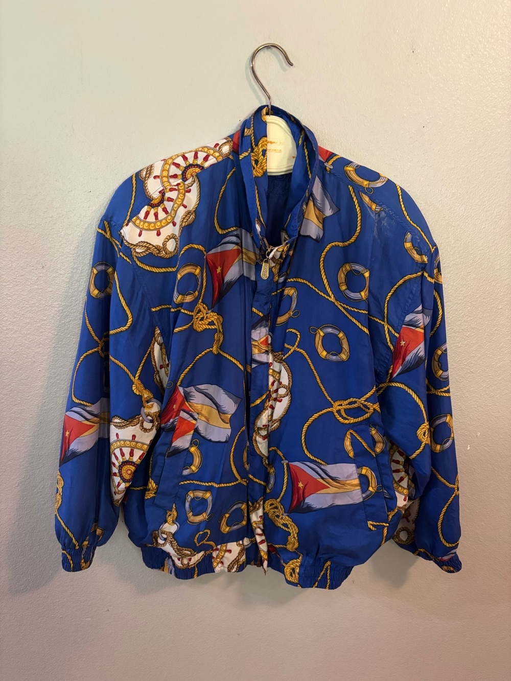 Vintage 80s Fuda International Silk Nautical Print Bomber Jacket Petite Large